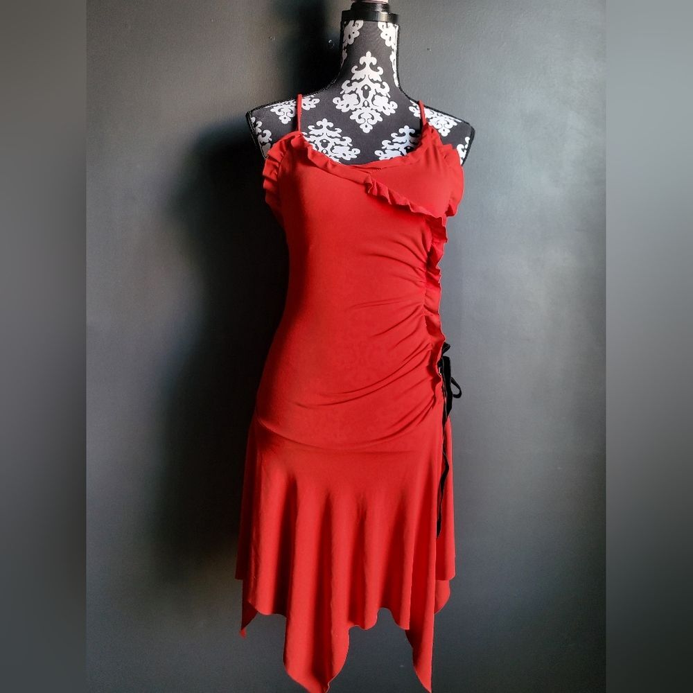 Red Mini Ruffle Side Lace Black Contrast Asymmetrical Witchy Fairy Hem Dress